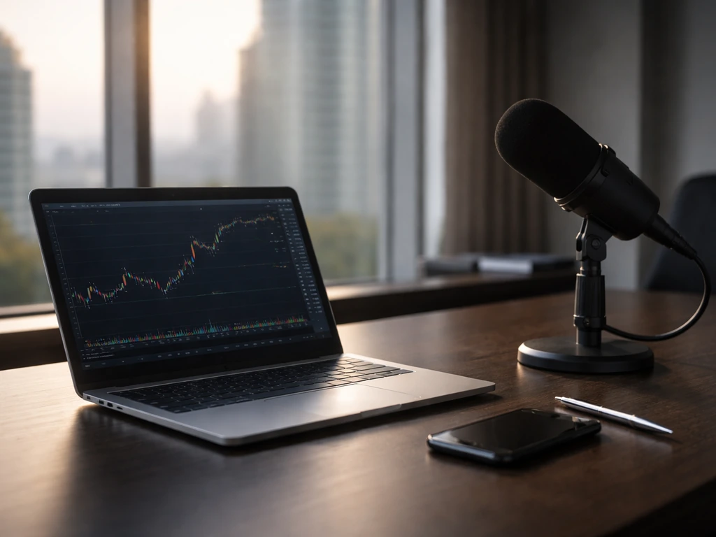 Executive desk scene with a laptop and Bloomberg-style monitor showing markets, symbolizing IBKR leadership context.