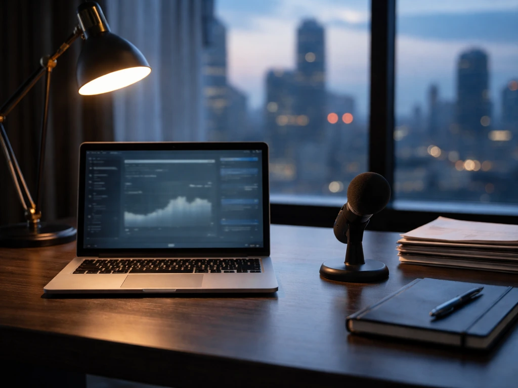 Anonymous finance and media workspace with laptop glow, microphone, and blurred city skyline at dusk.