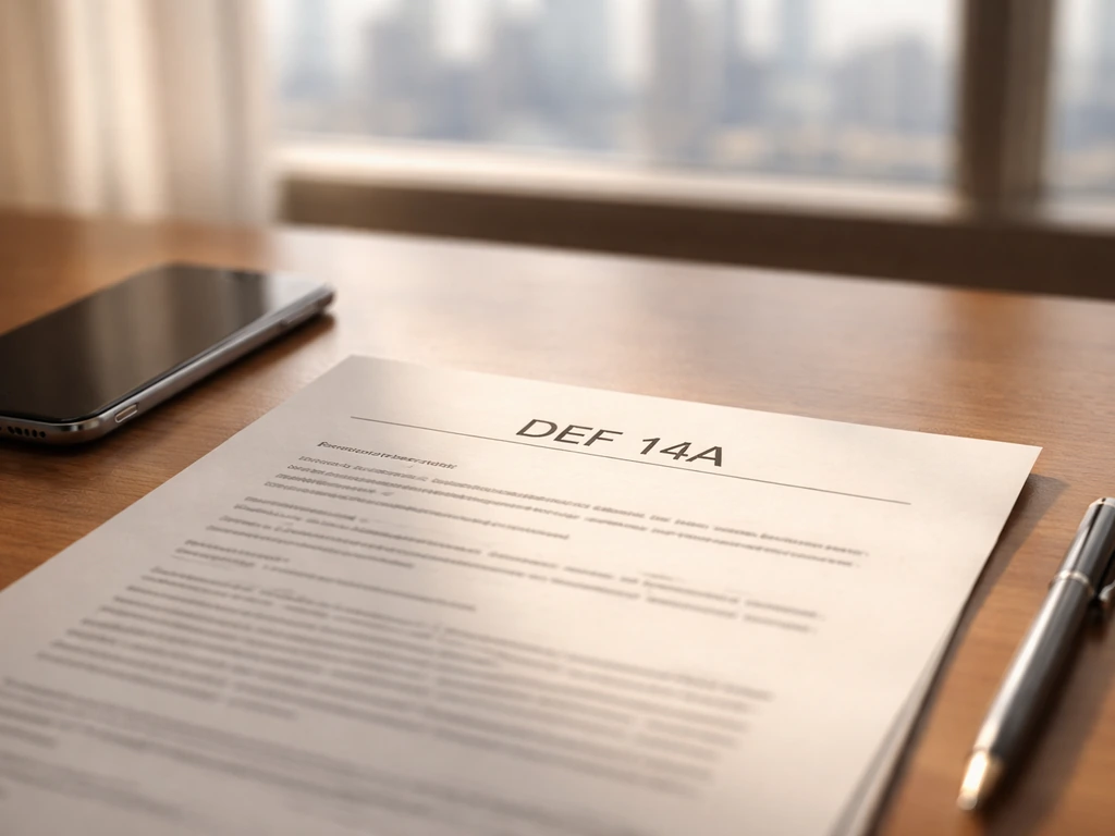 Close-up of a financial document labeled DEF 14A in a modern office with blurred city lights.