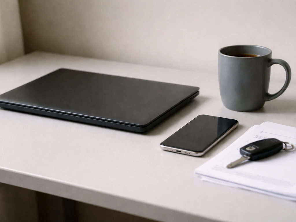 Desk with closed laptop and unmarked financial papers, symbolizing hard-to-verify liabilities.