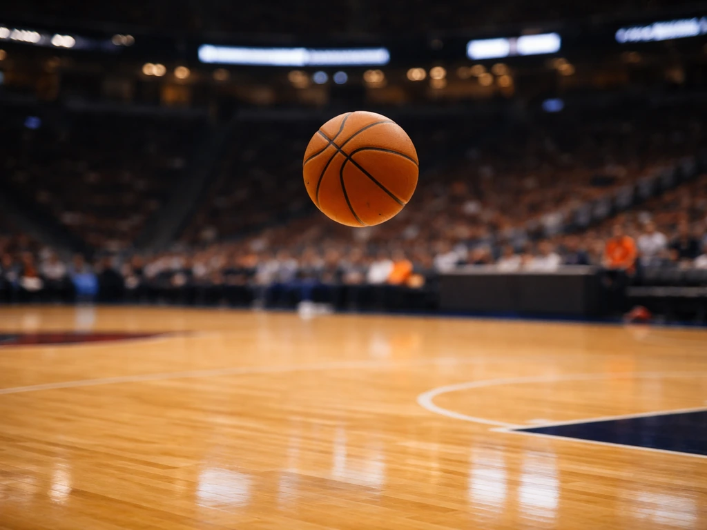 Basketball suspended above an NBA-style court with a softly blurred arena background.