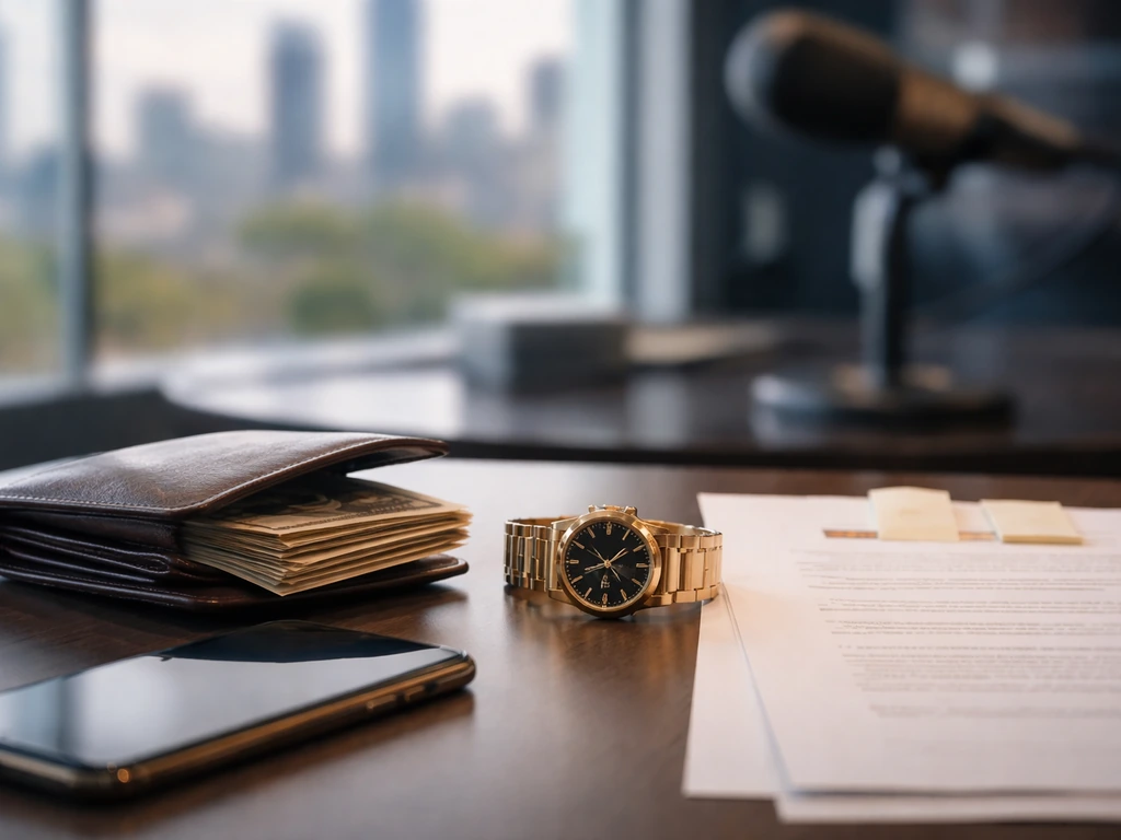 Minimal desk scene with money cues and media research items suggesting an estimated net worth range.