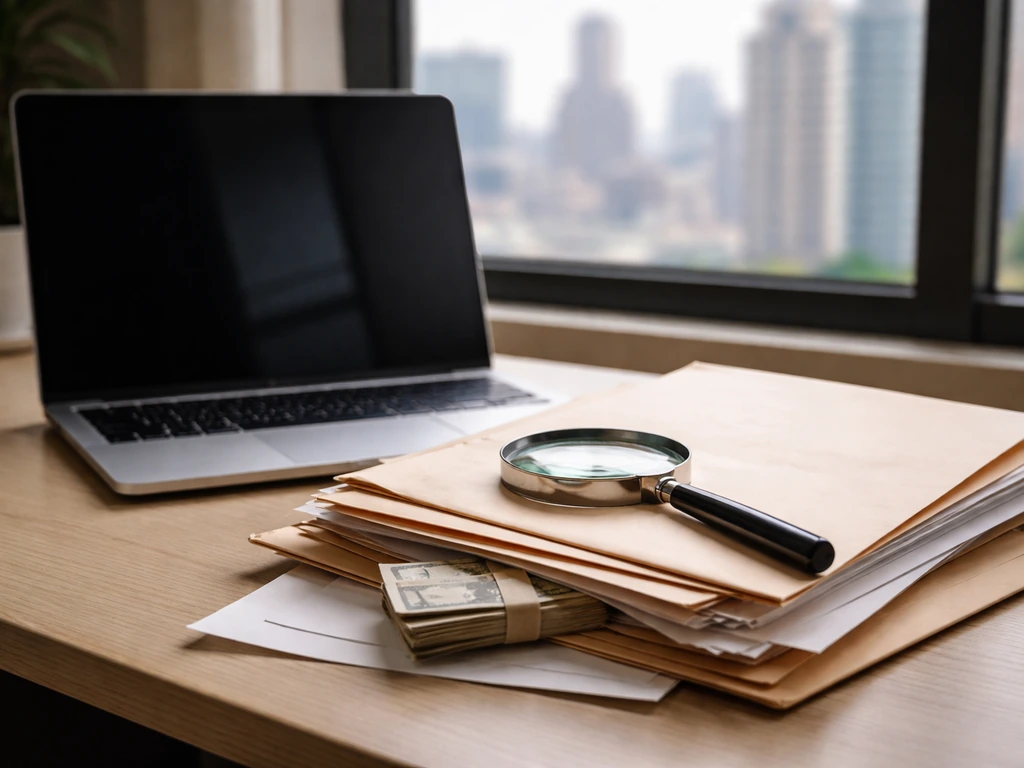 Desk with laptop, generic paperwork, and a magnifying glass suggesting identity and money verification.
