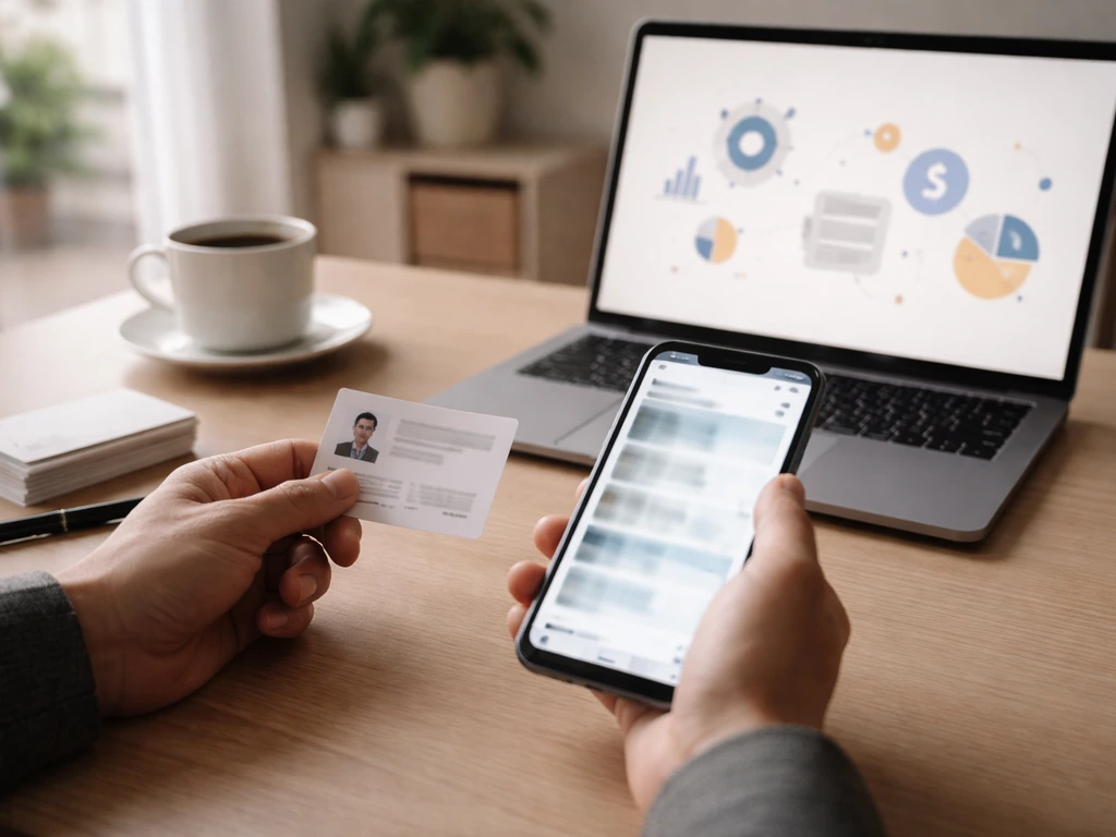 Hands comparing an ID-like document and blurred phone feed on a desk, suggesting identity verification for a business pr