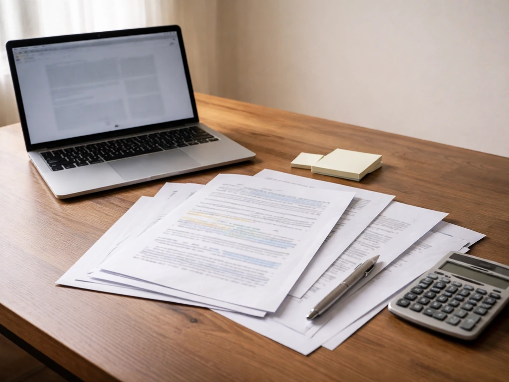 Minimal desk scene with printed documents, a calculator, and a laptop showing blurred registry-like pages