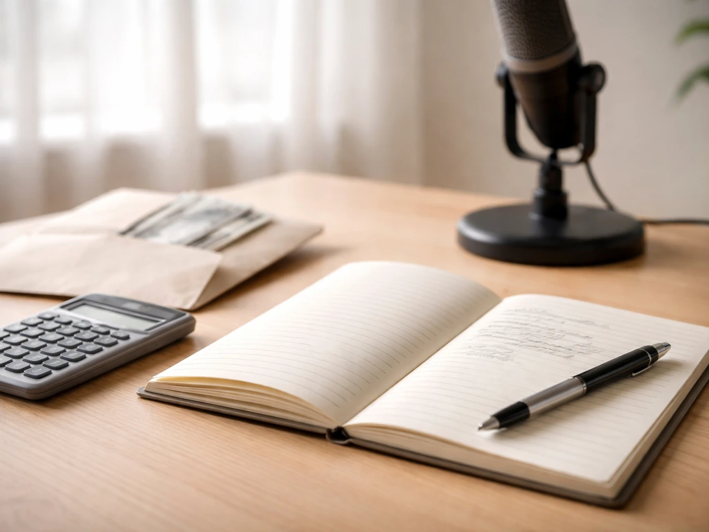 Minimal desk scene with an open notebook, calculator, and pen next to a microphone and cash envelope.