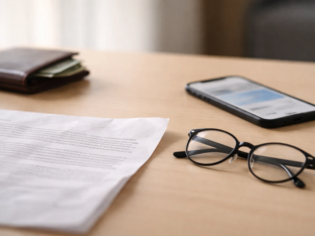 Close-up of a desk with a blurred wallet and a smartphone showing a muted news page, symbolizing unchecked claims.