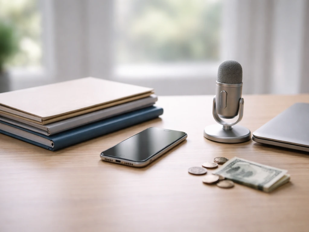 Minimal desk scene with folders, smartphone, microphone, coins and banknote symbolizing differing net-worth estimates.