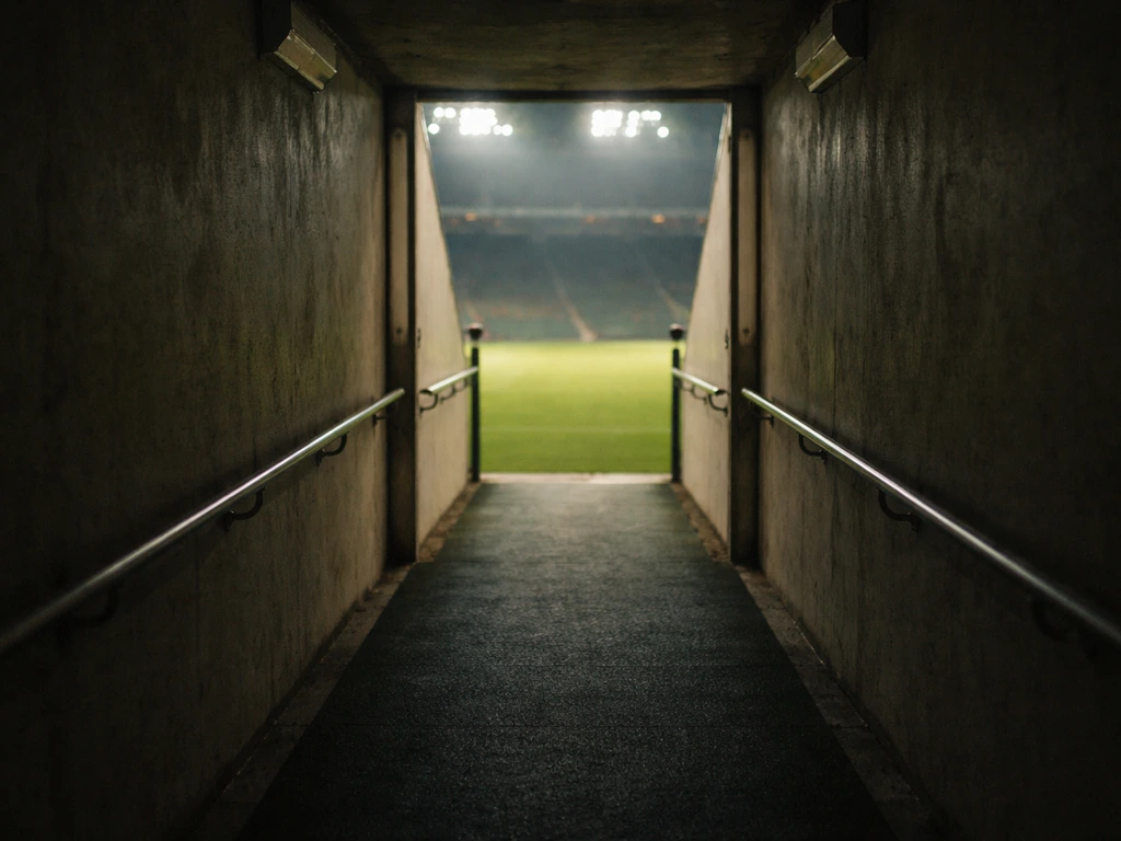 Empty football stadium walkway with floodlights, suggesting a mid-level European club match night