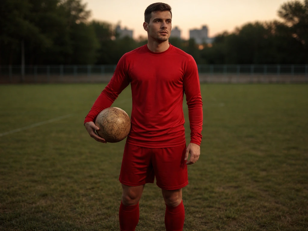 Anonymous footballer in a red Olympiacos-style kit training on a quiet pitch at dusk