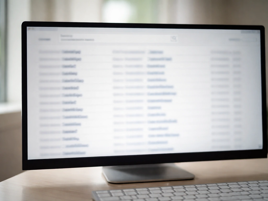 Minimal desk scene with a monitor showing blurred search results of name spelling variations.