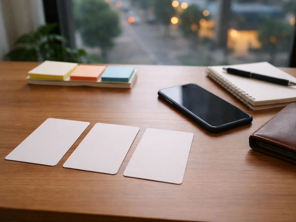 Minimal desk with research cards and wallet beside a smartphone, evoking comparing net-worth estimates.