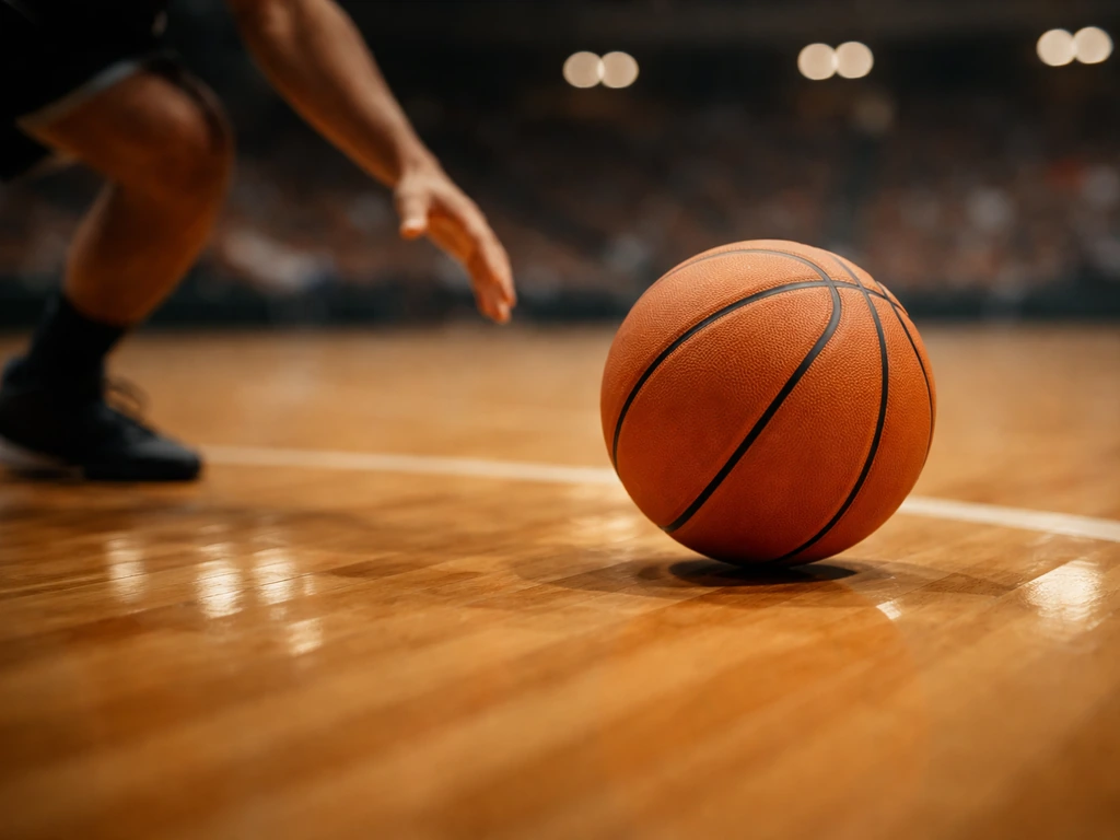 Basketball game action blur with a focused ball and court floor, symbolizing a pro athlete profile search