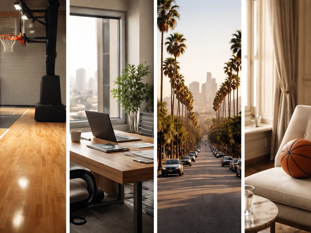 Minimal four-panel collage showing basketball-court, office, city, and club-like interiors symbolizing contract income s