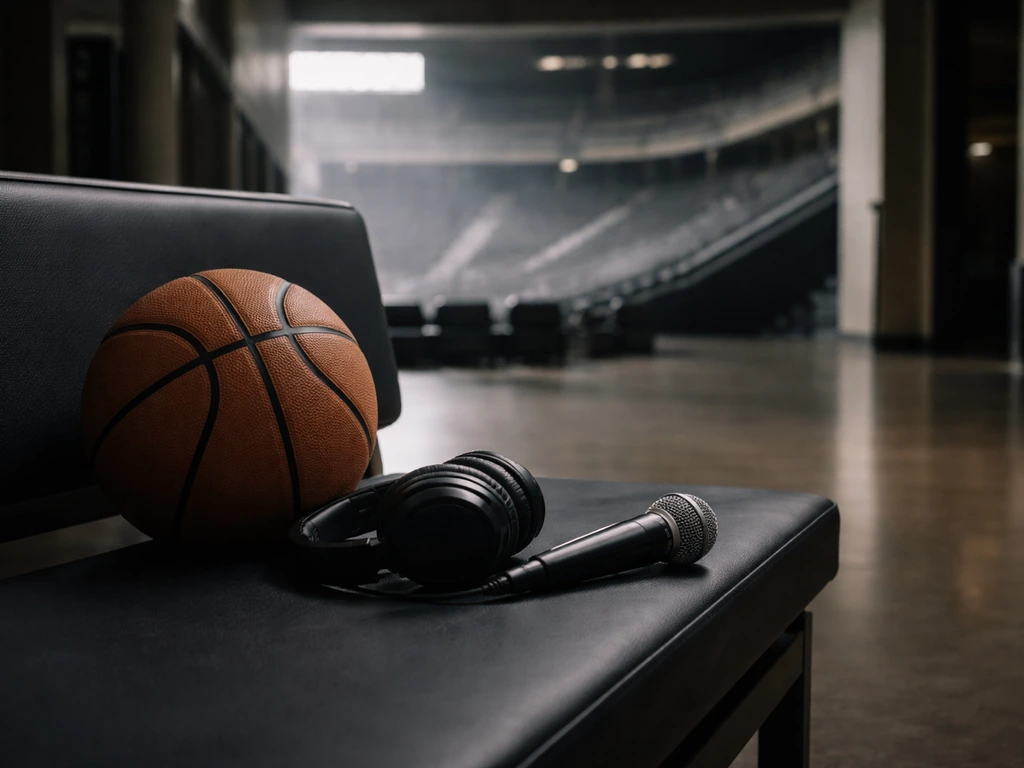 Minimal LA sports arena scene with a basketball and subtle media gear, symbolizing Teodosić’s Clippers NBA period.