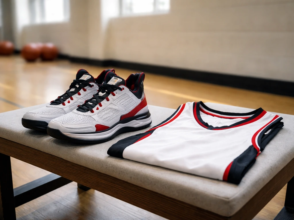 Basketball sneakers and a jersey laid on a gym bench, suggesting a sportswear endorsement tie.