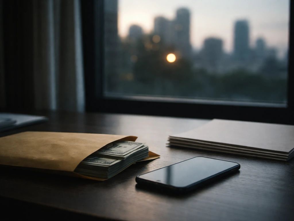 Anonymous work desk with a smartphone, cash envelope, and a blurred city view suggesting media analysis
