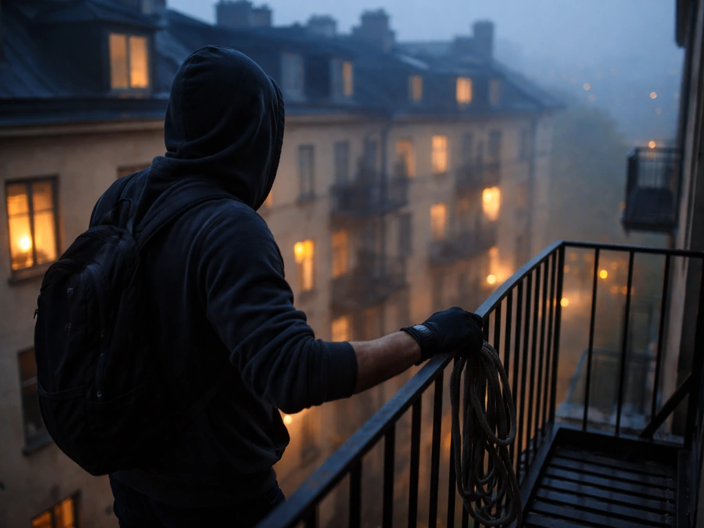 Anonymous hooded climber on a fire escape at dusk, rope in hand, with warm apartment windows behind.