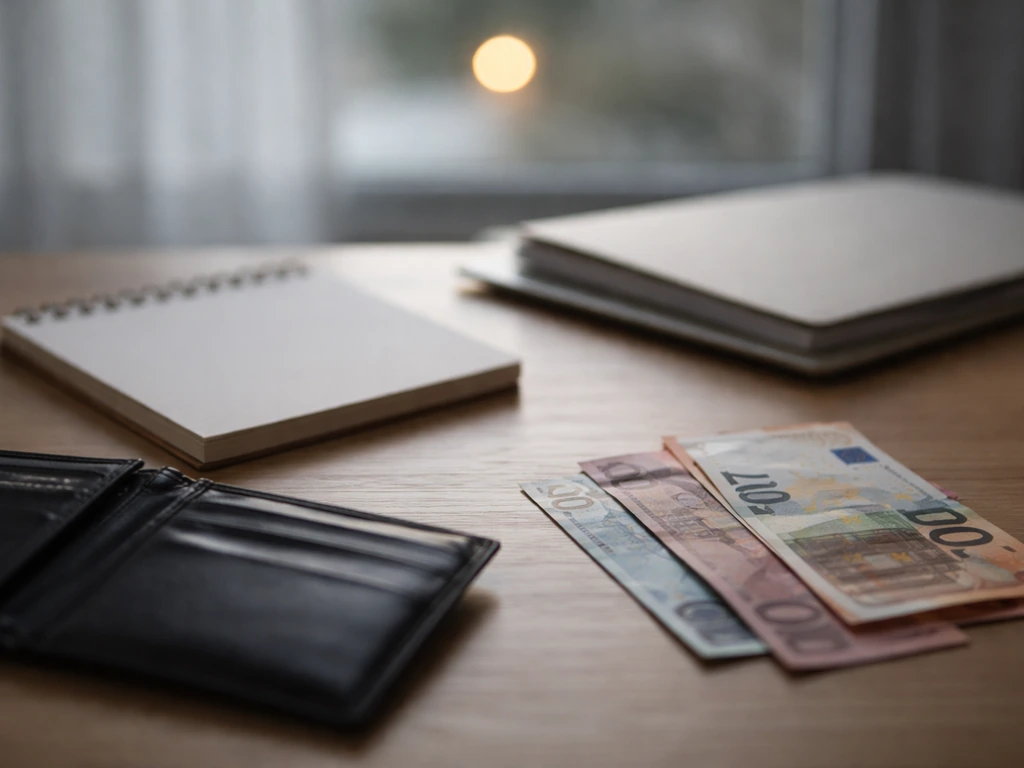 Uncertain money estimate shown with a blurred wallet, scattered euros, and a softly lit window