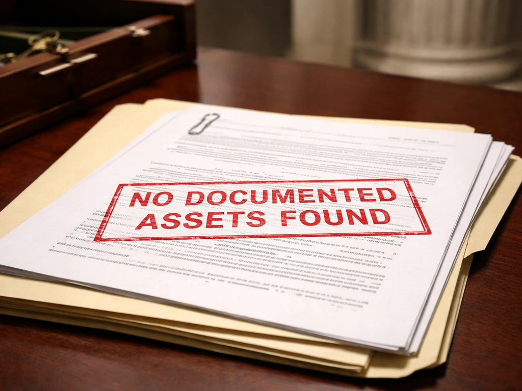 Legal documents on a desk with a red stamp indicating no documented assets found.