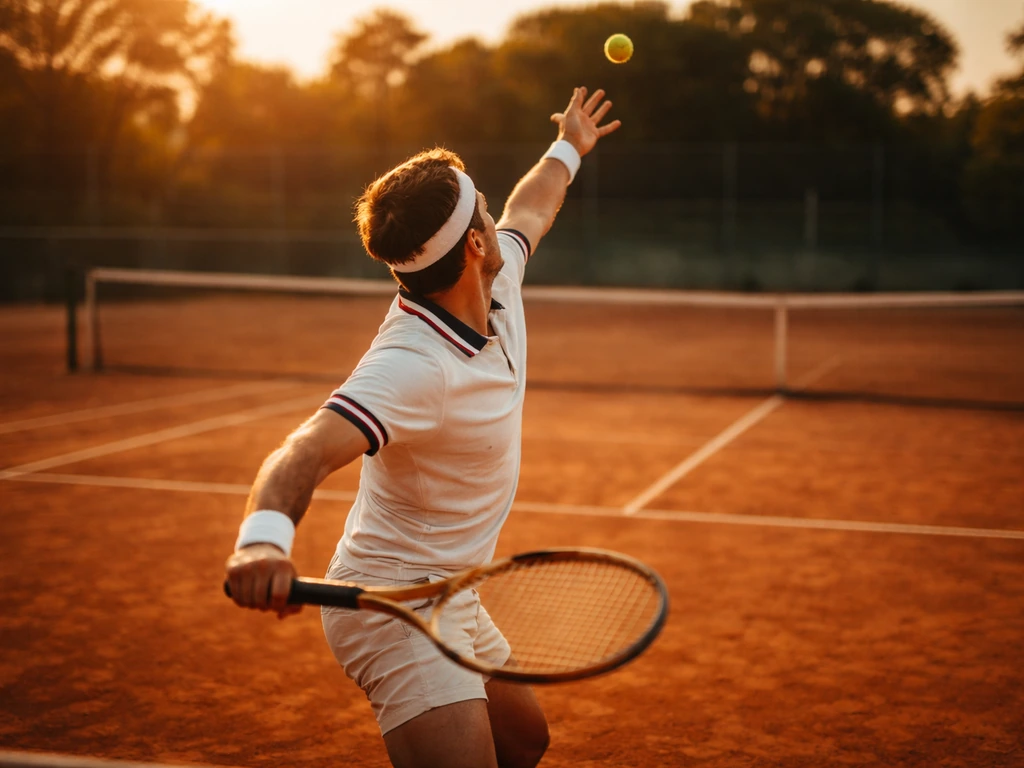 Anonymous tennis player serving on a quiet clay court at sunset, evoking a 1980s Balkan tennis era.