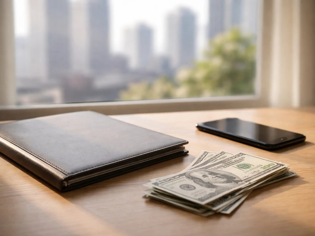 Minimal desk scene with scattered cash and a neutral business folder suggesting net worth ranges