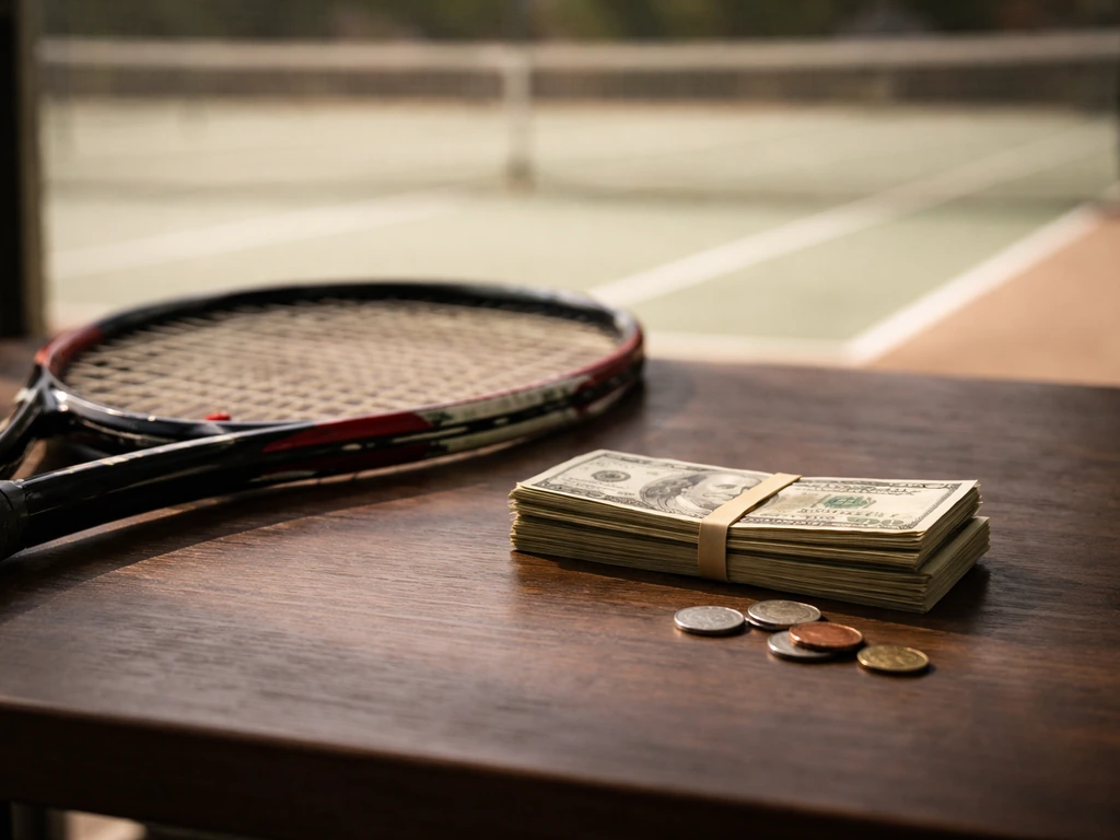 Tennis racket resting on money bills with a blurred court background, symbolizing tennis career earnings.