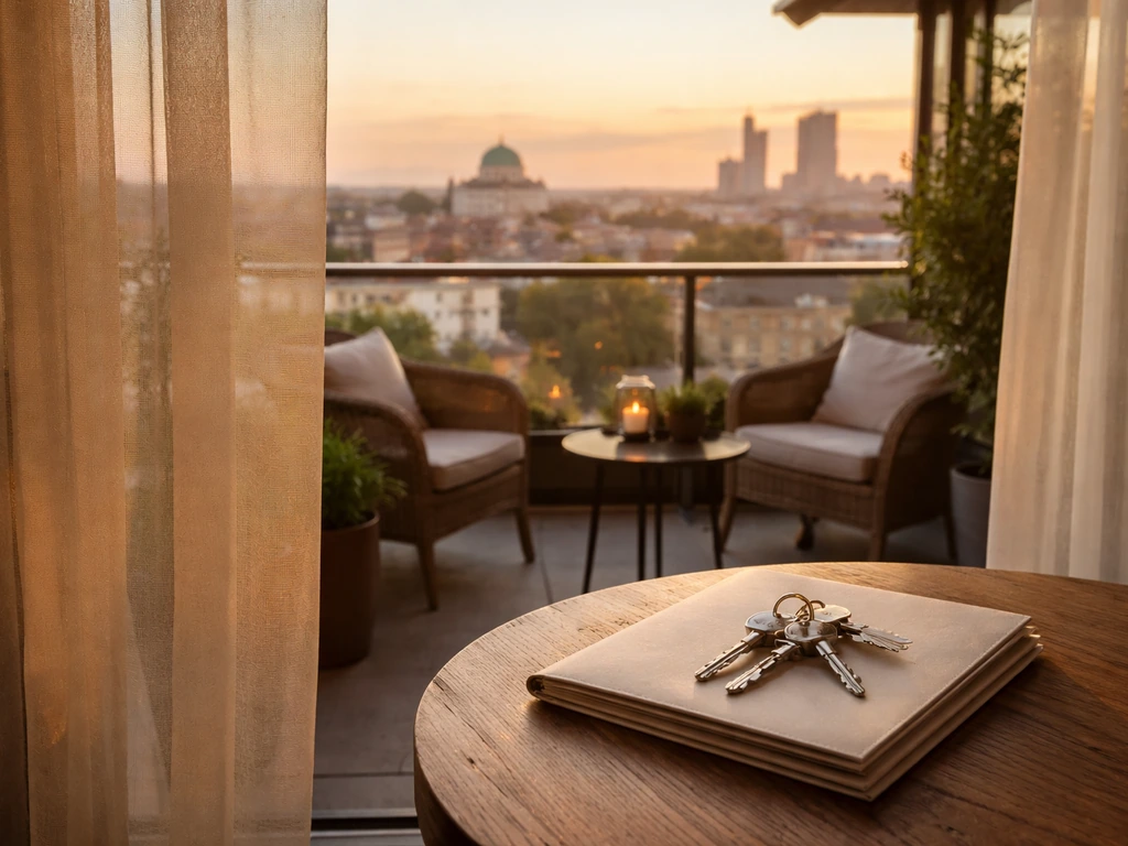 Upscale Belgrade apartment balcony with city view and keys on a table symbolizing real estate assets