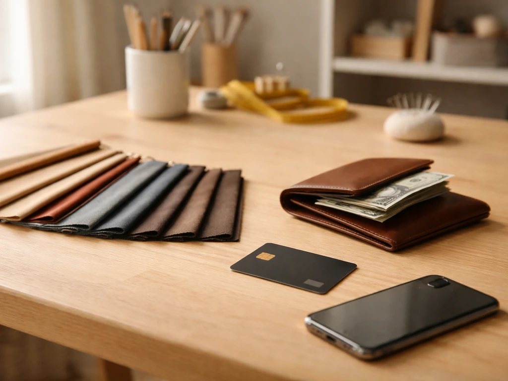 Minimal fashion design studio desk with cash, credit cards, and a notebook symbolizing net worth analysis