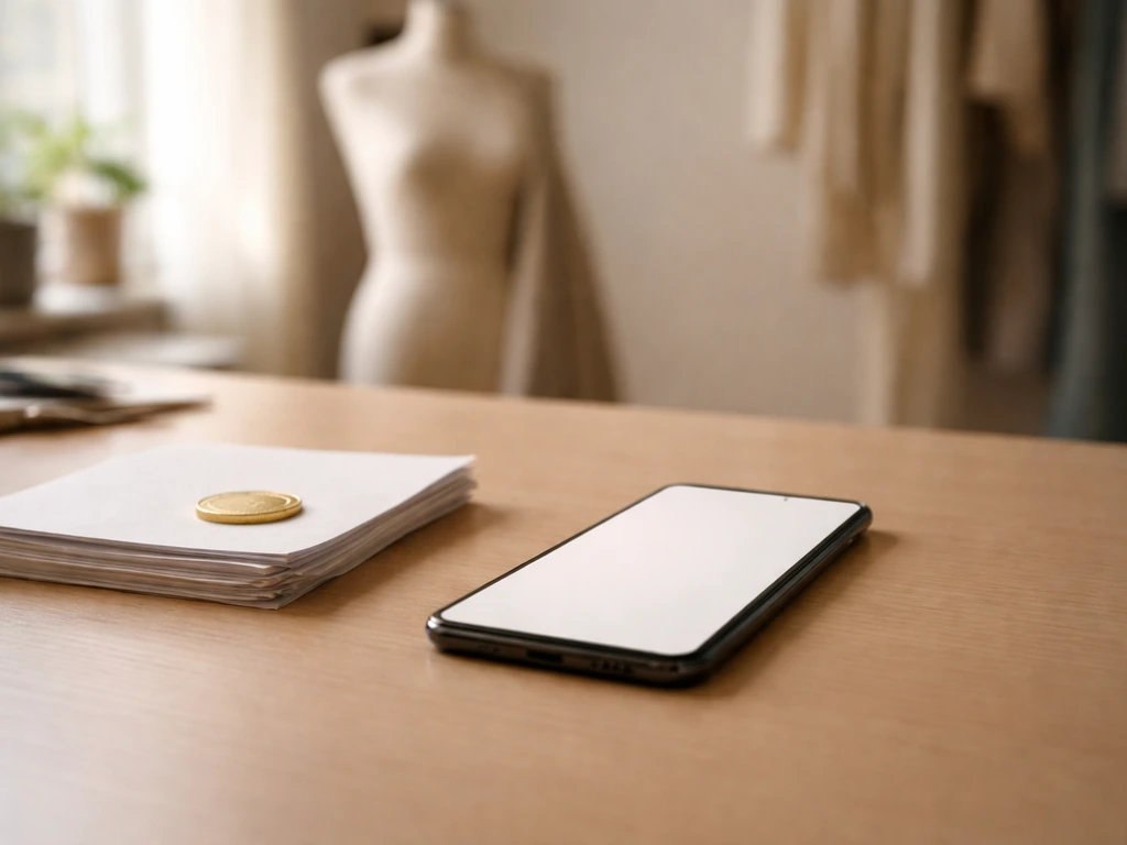 Minimal desk scene with a phone and gold coin beside fashion studio items, symbolizing a dated estimate.