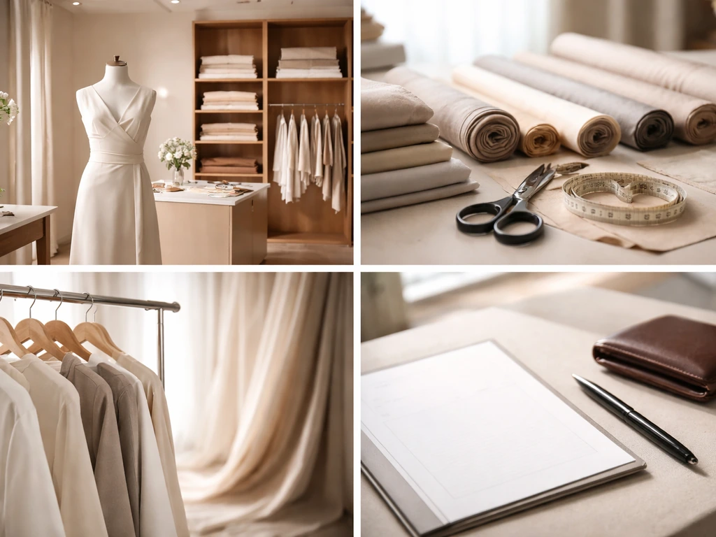 Minimal fashion atelier collage showing boutique, fabric workroom, luxury garments, and blank statement folder.