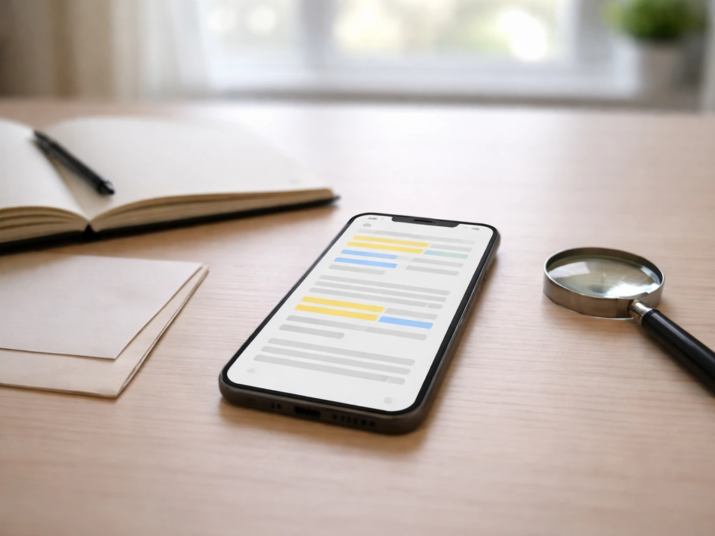 Minimal office desk with a phone showing a generic records lookup and a magnifying glass for verification.