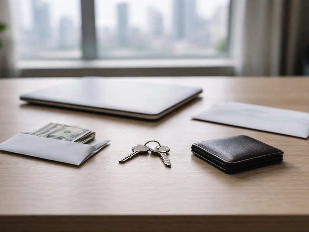 Minimal photo of an anonymous office desk with a laptop, cash envelope, and a pair of keys to suggest assets vs liabilit