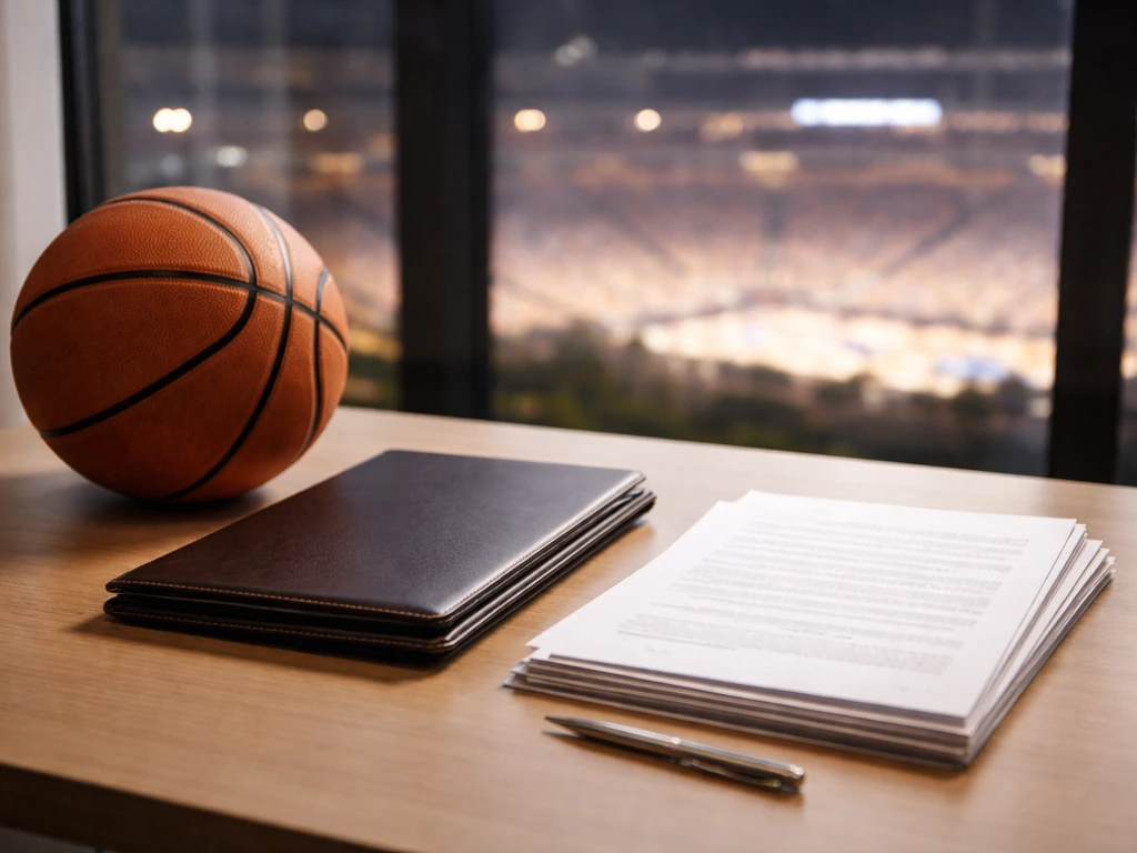 Minimal office desk with a basketball and neatly stacked contract documents, symbolizing dominant NBA salary income
