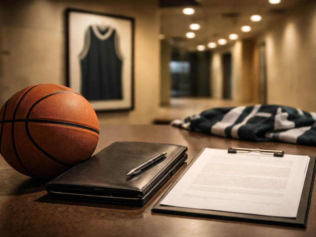 Close-up of a basketball, leather portfolio, and blank contract paper in a quiet arena hallway