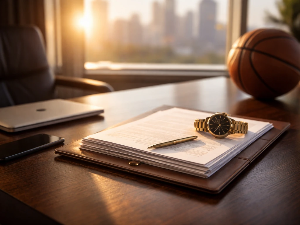 Minimal sports office desk with stacked contract documents, watch, and basketball suggesting career earnings milestones.