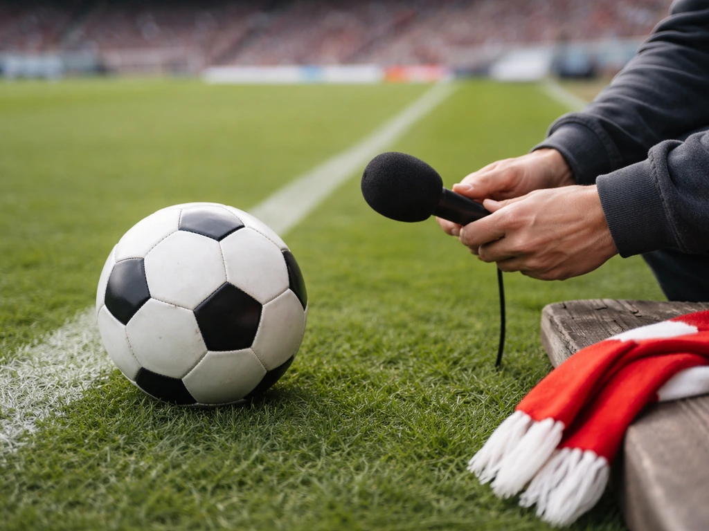 Close-up of a football with a microphone near a stadium sideline, suggesting sports media identity context.