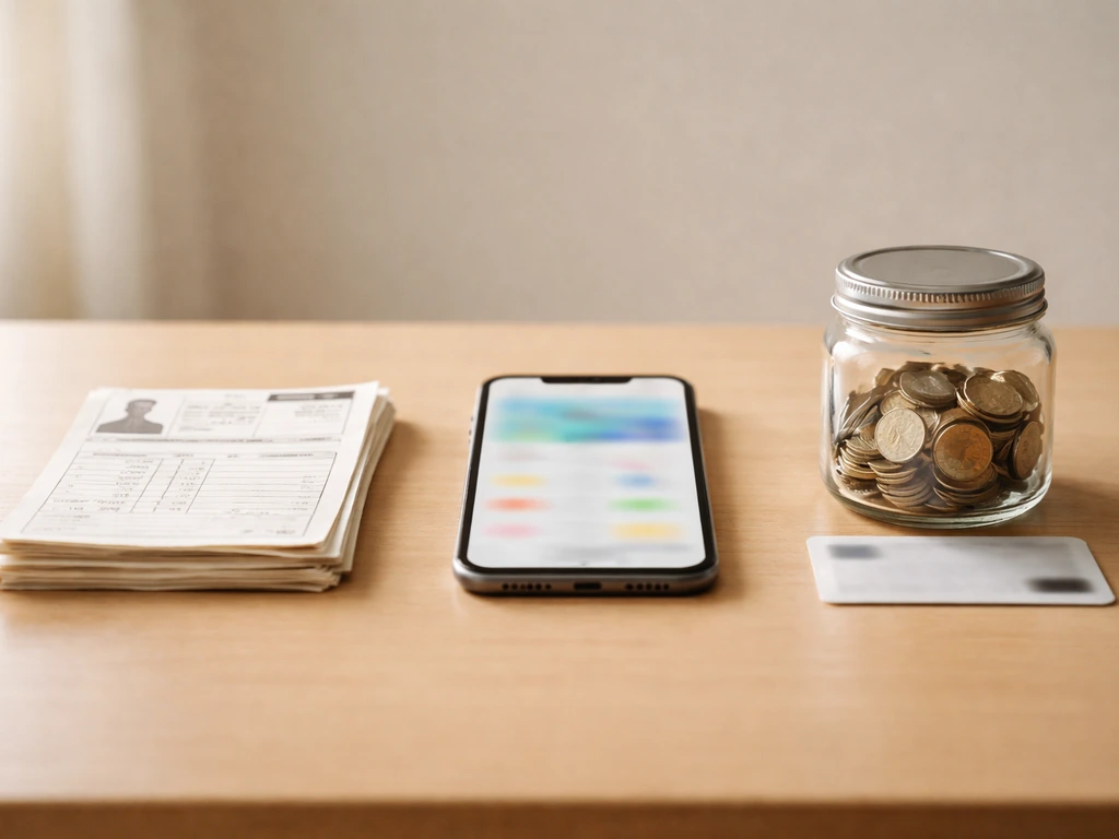 Three desk objects symbolizing transfer records, finance data, and money/earnings inputs for net worth estimates.