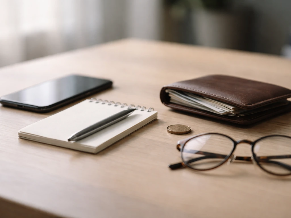 Minimal photo of a desk with cash and a small notepad beside a smartphone showing money matters, no text.