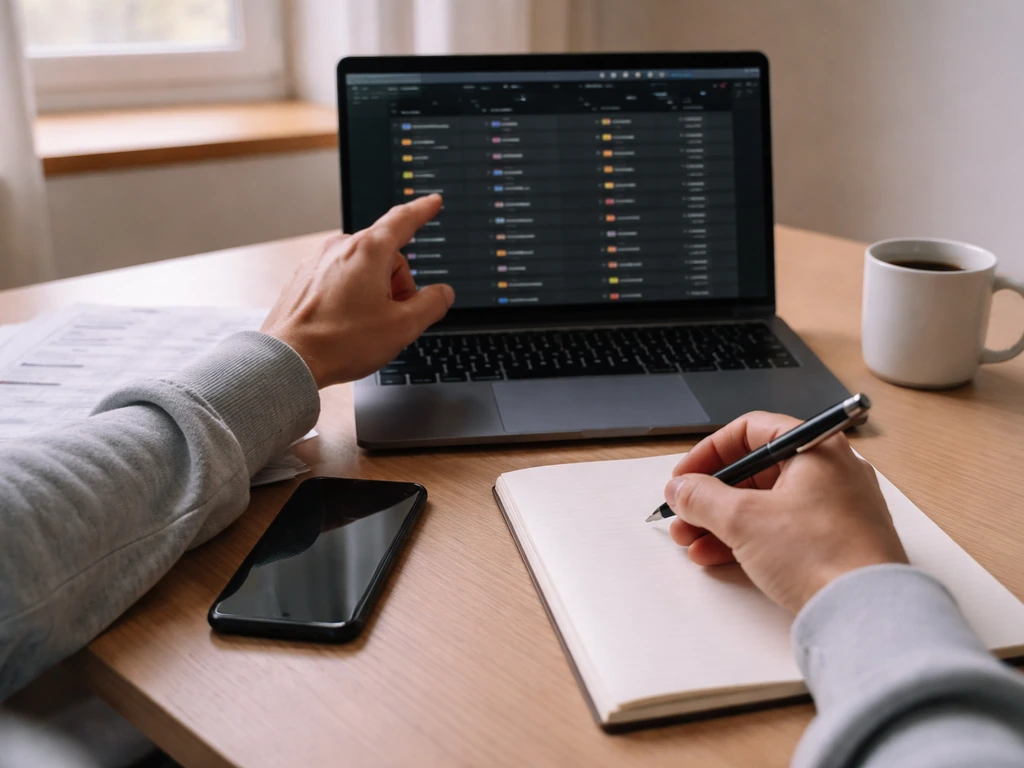 Person reviewing football transfer records on a laptop with a notepad and pen at a tidy desk.
