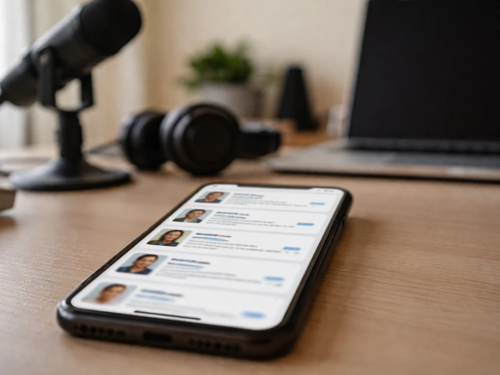 Minimal desk scene with a smartphone showing blurred mixed search results for different people with the same name
