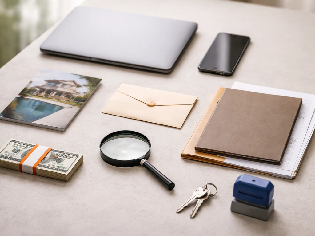 Minimal desk flat-lay with laptop, documents, magnifying glass, and money symbols suggesting net-worth evidence.