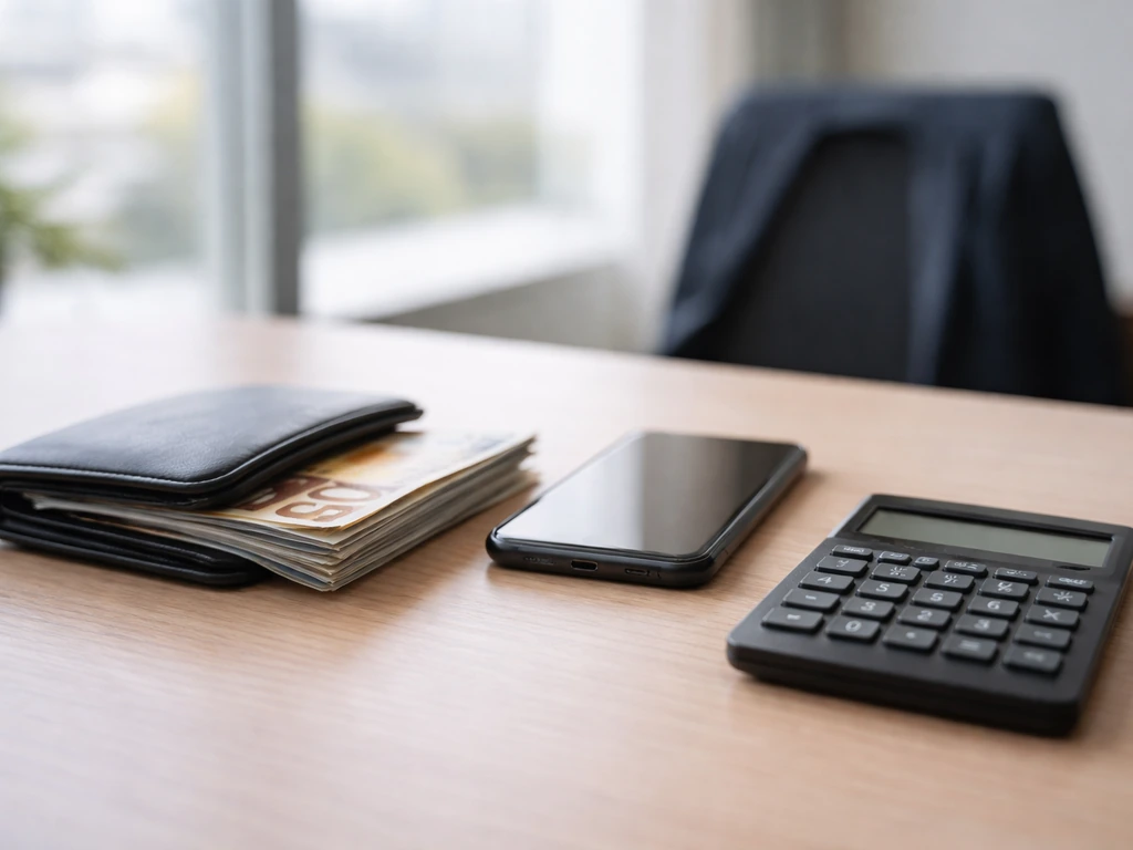 Minimal office desk with euro cash, wallet, calculator, and smartphone symbolizing net-worth analysis range