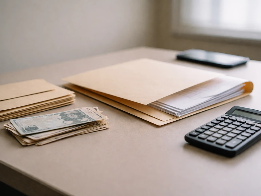 An anonymous desk scene with a dossier folder, sealed envelopes, and a calculator suggesting wealth estimation research.