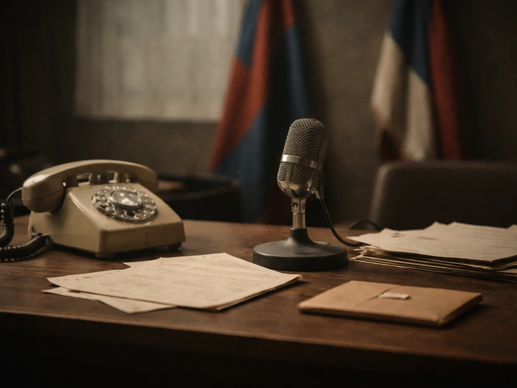 Dim office scene with vintage microphones and Serbian-style flags, evoking political power and wealth scrutiny.