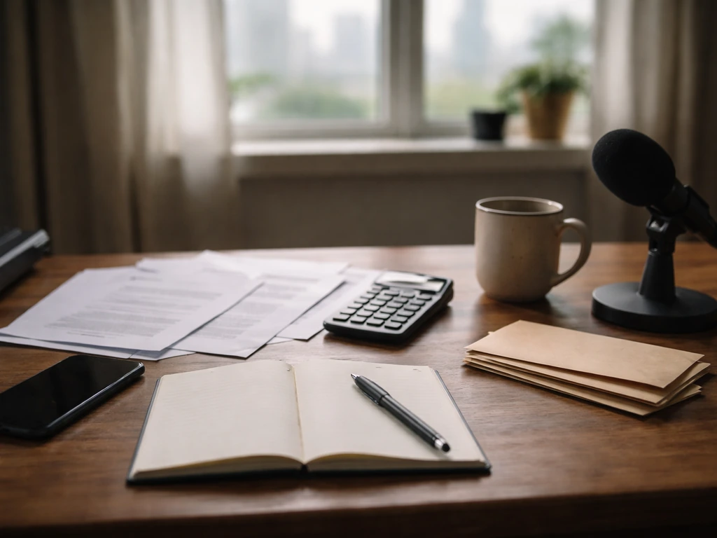 Minimal desk scene with investigative documents, calculator, and microphone suggesting net-worth estimation.