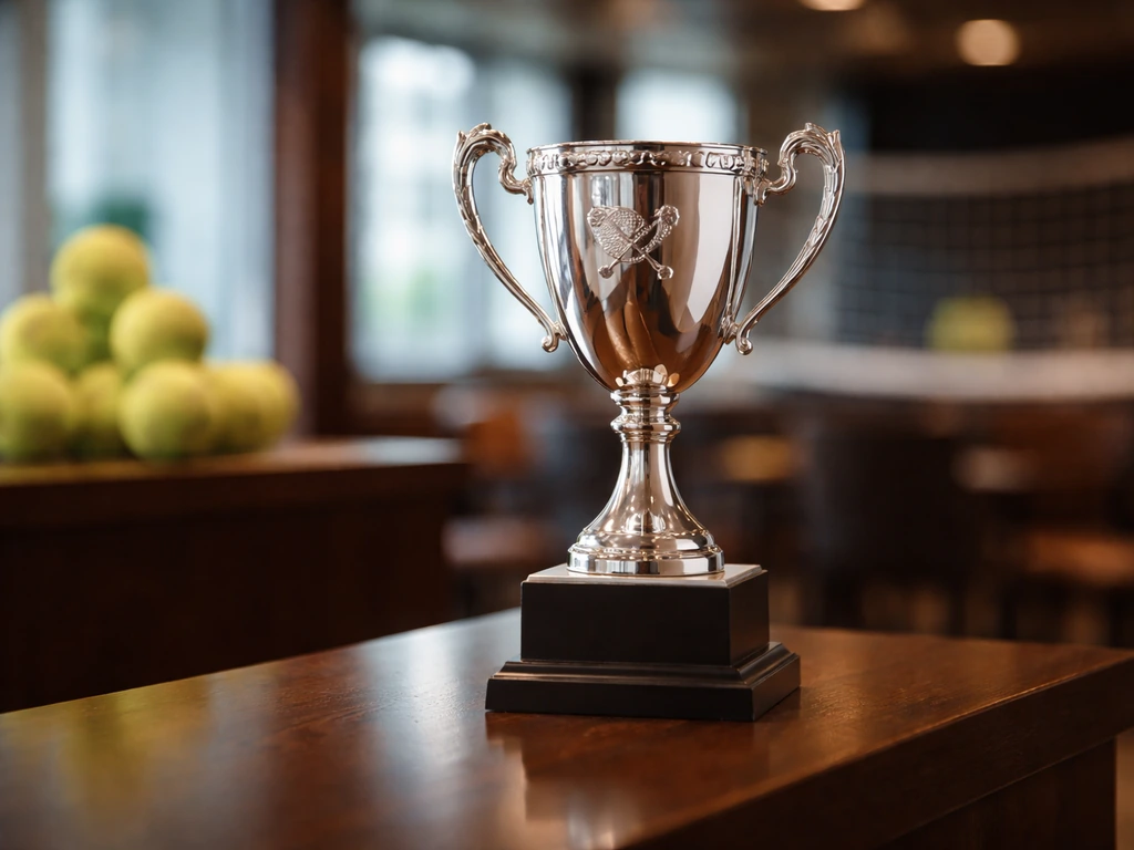 Silver tennis trophy on a wooden pedestal in a quiet sports lounge, hinting at career prize money.