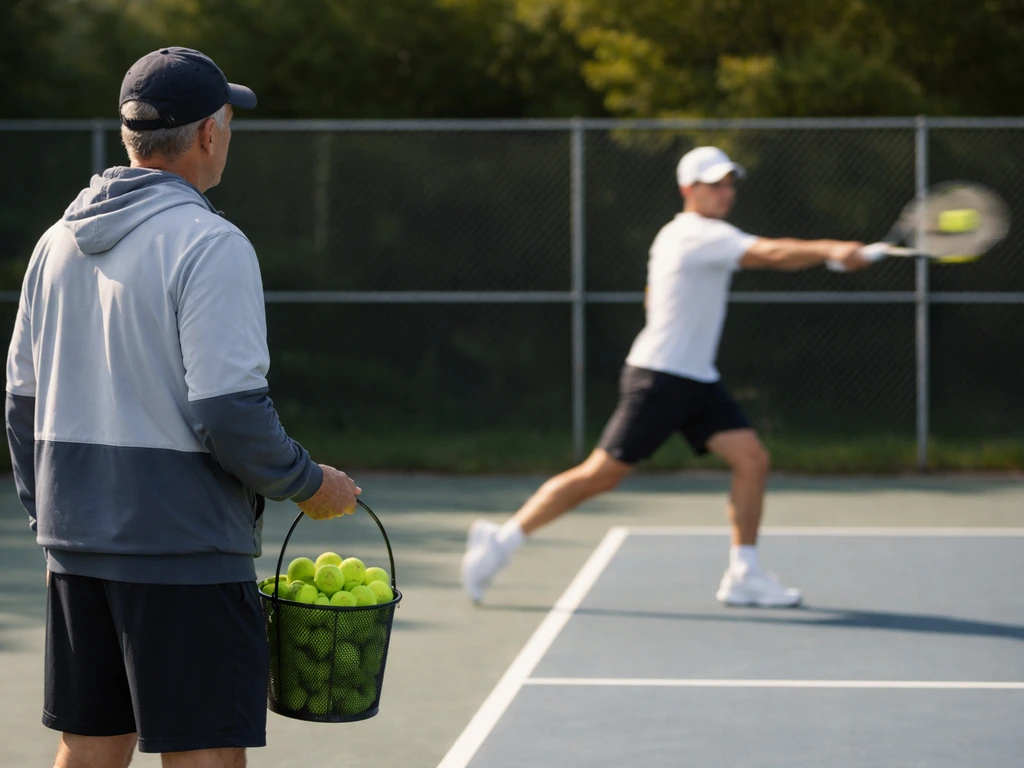 Anonymous tennis coach near baseline watching a single player hit a forehand on an empty court