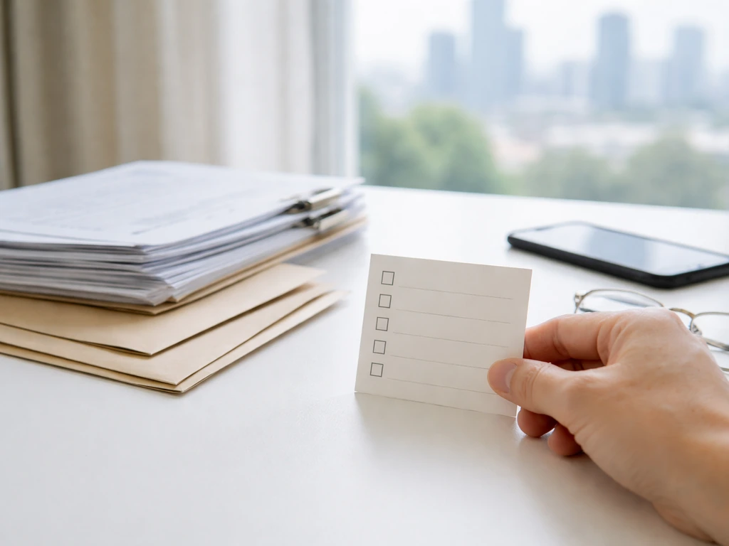 Hand placing a marked checklist card beside financial documents in a tidy desk setup