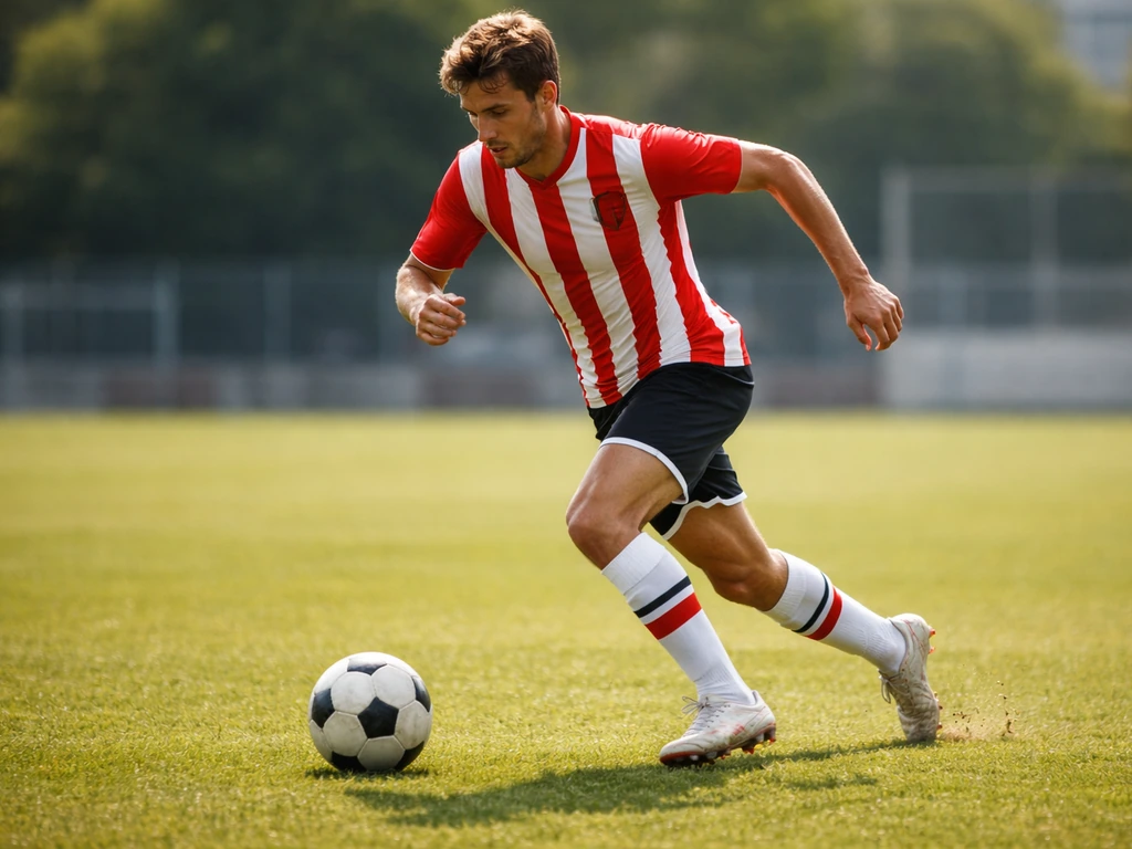 Soccer winger in red-and-white kit sprinting with the ball on a sunny pitch in a blurred stadium.